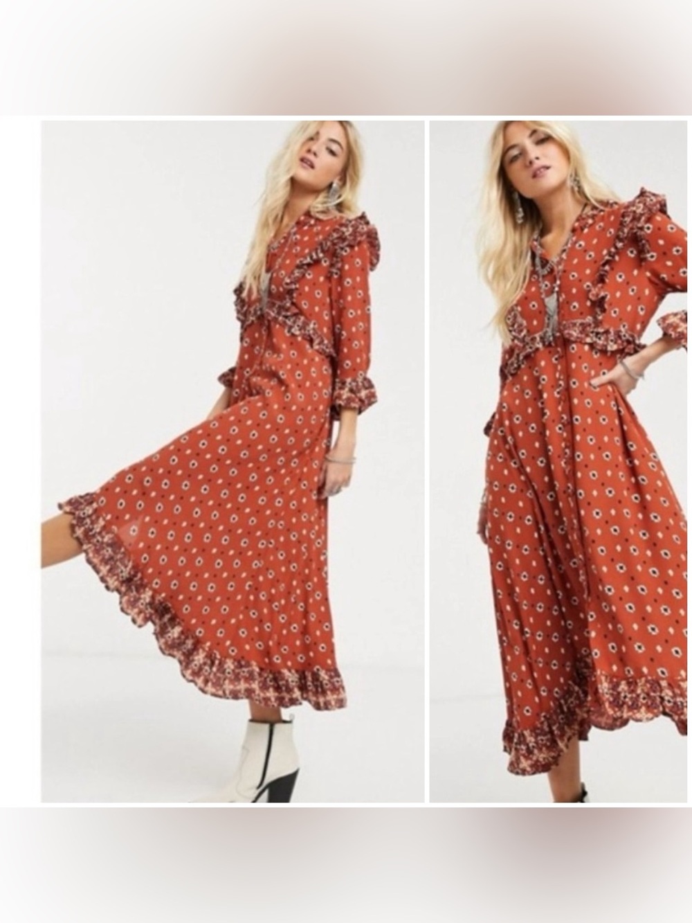 Free People Rust Boho Printed Ruffle Longline Duster - Picture 16 of 16